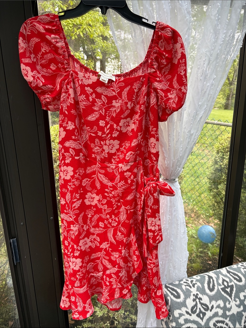Red Floral Puff Sleeve Wrap Dress